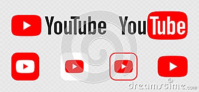 YouTube logo. Icons of YouTube, video hosting that provides users with services for storing, delivering and displaying video. Vector Illustration